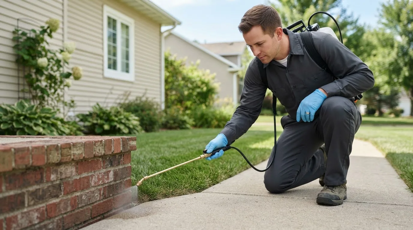Pest control technician treating a home near Mertztown, PA